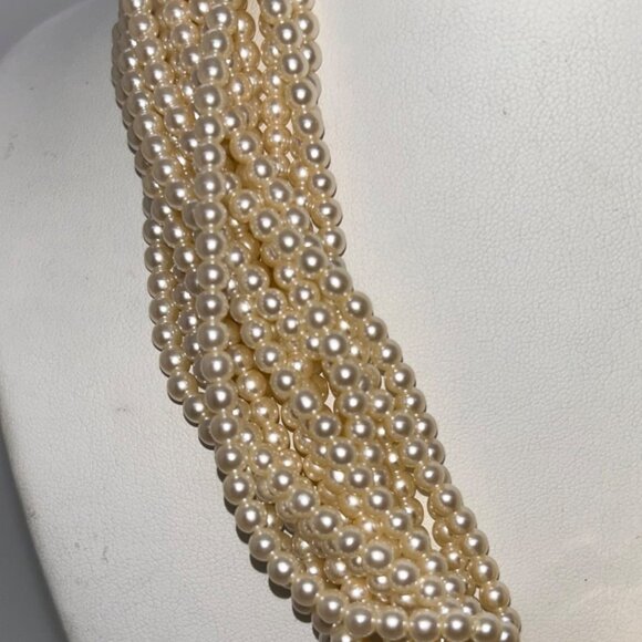 Vintage Faux Pearl Torsade Necklace With Ornate Gold-Tone Pendant & Rhinestones - Picture 6 of 14